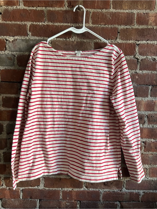 J. Crew Tops - J. Crew White Long Sleeve Boatneck Tee Red Stripes 100% Cotton Preppy Size XL